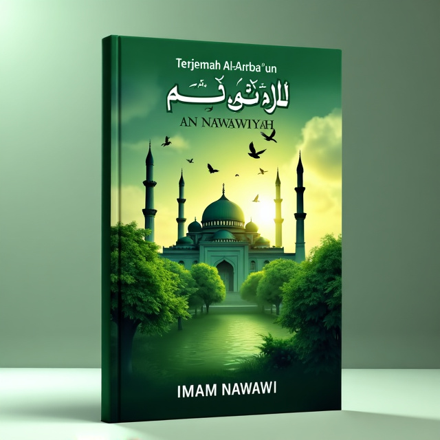 The cover features a serene scene with a mosque surrounded by lush green trees. Birds are flying above the mosque, symbolizing spirituality and freedom. The colors used are shades of green to create a calming and peaceful atmosphere.
