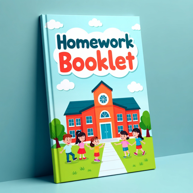 The cover features a colorful illustration of a school building with happy students gathered around it. The title "Homework Booklet" is prominently displayed in bold, playful typography at the top of the cover.