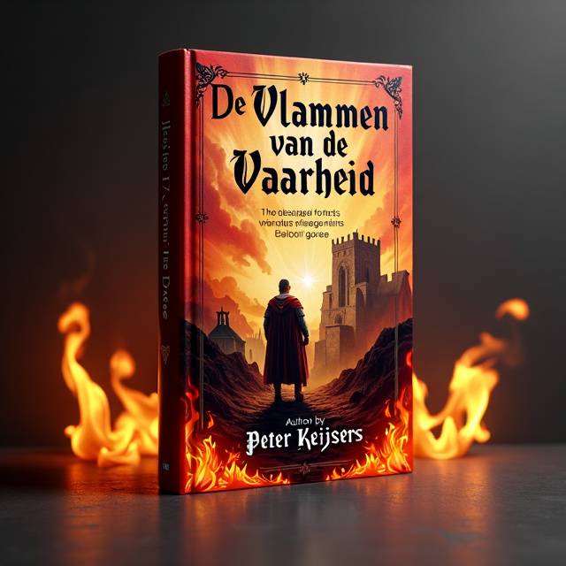 The background of the cover is dominated by dark, fiery colours, fading from deep red to lighter orange and yellow towards the center. In the center, there is an image of Raymond VI, a man in medieval military dress, with a determined and serious gaze, staring at the besieged fortress. Flames begin to curl up from the corners of the cover, symbolizing purification by fire and the power of faith.