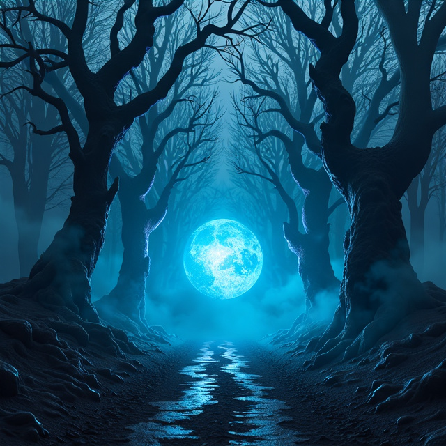 A dark and eerie forest, with twisted trees and fog swirling around them. In the center, a glowing blue orb represents guidance and planning, emitting an otherworldly light.