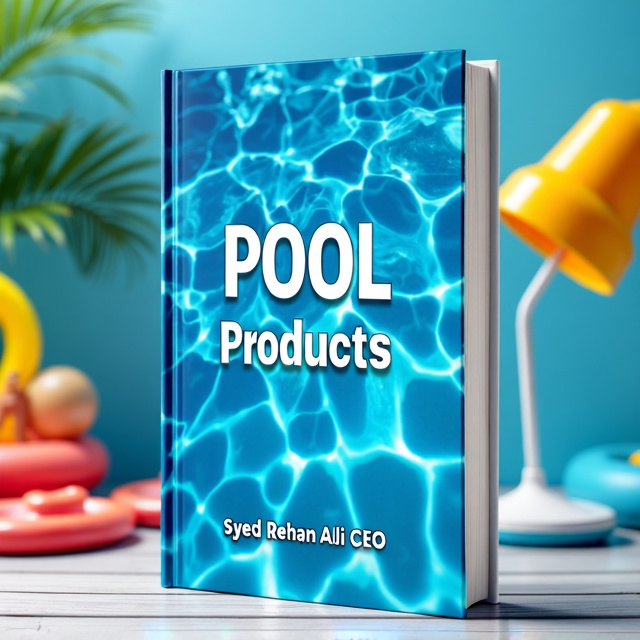 The cover features a close-up image of a sparkling blue swimming pool, with various pool products such as pool cleaner, pool float, and pool toys arranged around it. The image is vibrant and eye-catching, capturing the essence of a refreshing and enjoyable swimming experience.