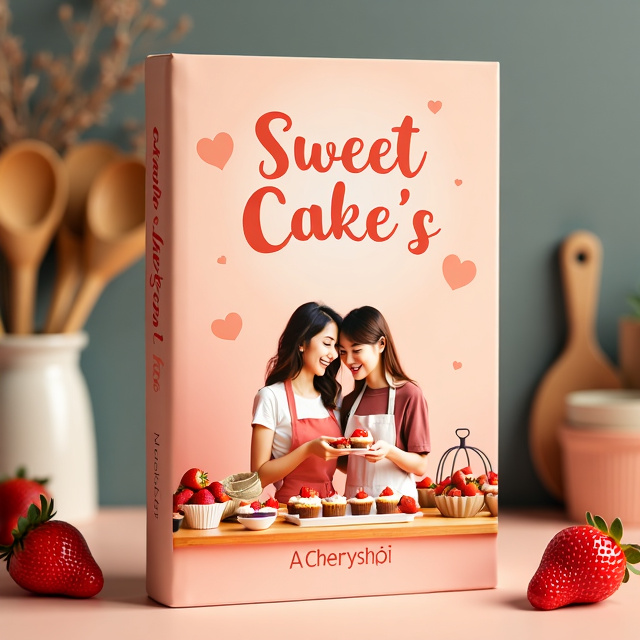 The cover features a couple standing in a kitchen, surrounded by baking supplies and utensils. They are joyfully making cupcakes together, with a focus on decorating the cupcakes with strawberries. The background is a soft peach color, and the overall mood is playful and innocent.