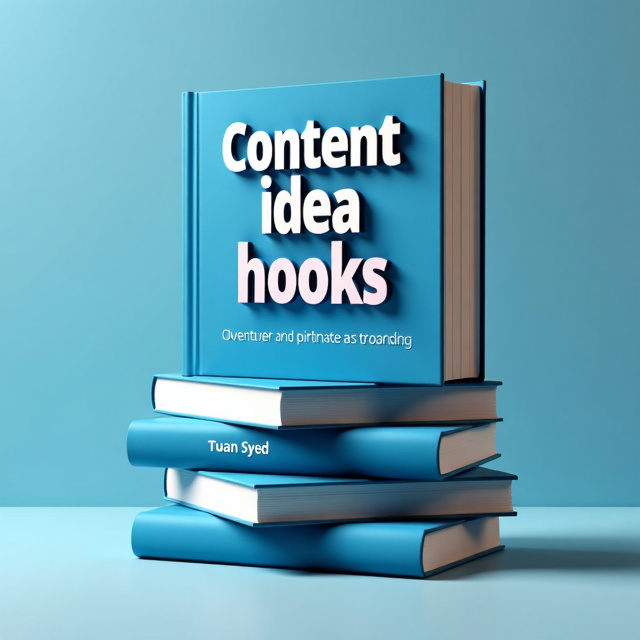 A clever and visually appealing design featuring a stack of books with the title "Content idea and 300 hooks" cleverly integrated into the books' spines. The books are arranged in a dynamic and eye-catching manner. The primary color used is blue, giving the cover a professional yet approachable look.
