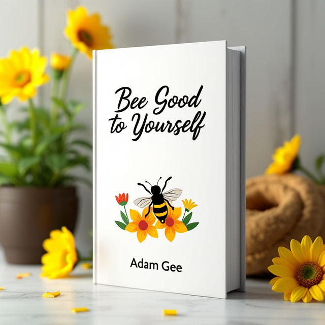 A simple and serene white background with a small illustration of a bee surrounded by vibrant flowers. The title "Bee Good To Yourself" is written in elegant script font at the top, with the author's name "Adam Gee" in a clean and modern sans-serif font at the bottom.