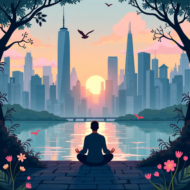 A serene cityscape, bathed in the soft glow of twilight. Tall skyscrapers rise majestically against a pastel-hued sky, their reflections shimmering in the tranquil waters below. In the foreground, a lone figure sits in a lotus position, meditating amidst the urban chaos. A gentle breeze carries the scent of blooming flowers, contrasting with the concrete jungle. The image is framed by delicate vines, symbolizing the growth and transformation that can occur through mindfulness.