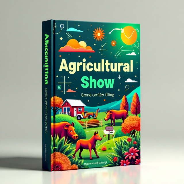 The cover features a vibrant and colorful illustration of an agricultural show, with various farm animals, crops, and farm equipment. The quantum physics and technology aspect is represented by the inclusion of abstract geometric shapes and circuit board patterns intertwined with the agricultural elements. The overall style is modern and eye-catching.
