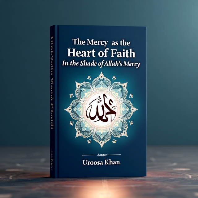 A soft navy blue background with a white circular pattern inspired by Islamic geometry. In the center, beautifully crafted Arabic calligraphy of Allah's name (الله) glows softly with subtle light radiating outward. The title, "The Mercy as the Heart of Faith," is placed gently above the calligraphy, while "In the Shade of Allah's Mercy" is positioned below it, both in an understated, graceful font.