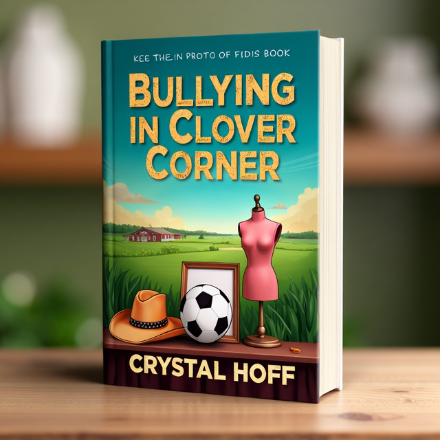 The cover features an illustration of a cowgirl hat, a soccer ball, a canvas, and a dress mannequin, arranged in a diagonal layout. The elements are stylized to showcase a mix of sadness, happiness, and reflection. The background of the illustration is a scene of sweet peach acres, evoking a sense of a picturesque small town.