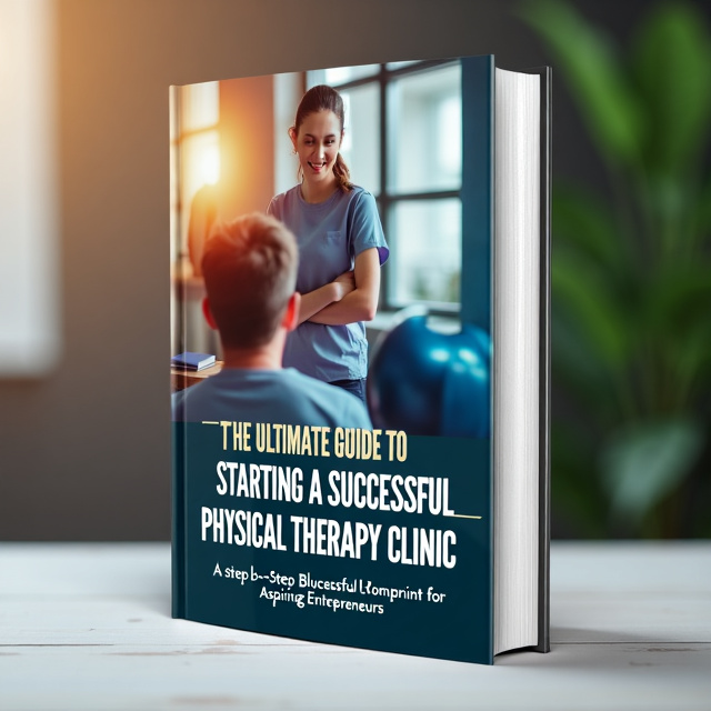 The cover features a close-up image of a confident physical therapist working with a patient, showcasing the expertise and professionalism of the clinic. The image is in vibrant colors to capture attention and convey a positive atmosphere. The title is displayed prominently at the top, with the subtitle below it, both in a modern and clean font. The background is a gradient of soothing colors, creating a calming effect.
