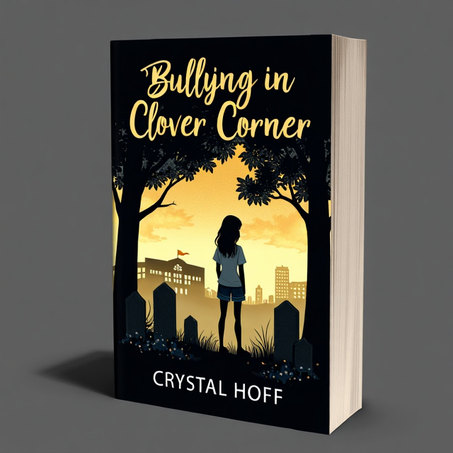 The cover features an illustration of a teenage girl named Betsy, standing in a peaceful cemetery in Clover Corner, Kentucky. The background is a mix of black and gold, representing the somber yet hopeful tone of the book. Betsy is shown visiting her grandparent's graves, with a thoughtful and reflective expression on her face. The high school she attends can be seen in the distance, symbolizing the setting of the story and the theme of bullying in a school environment.