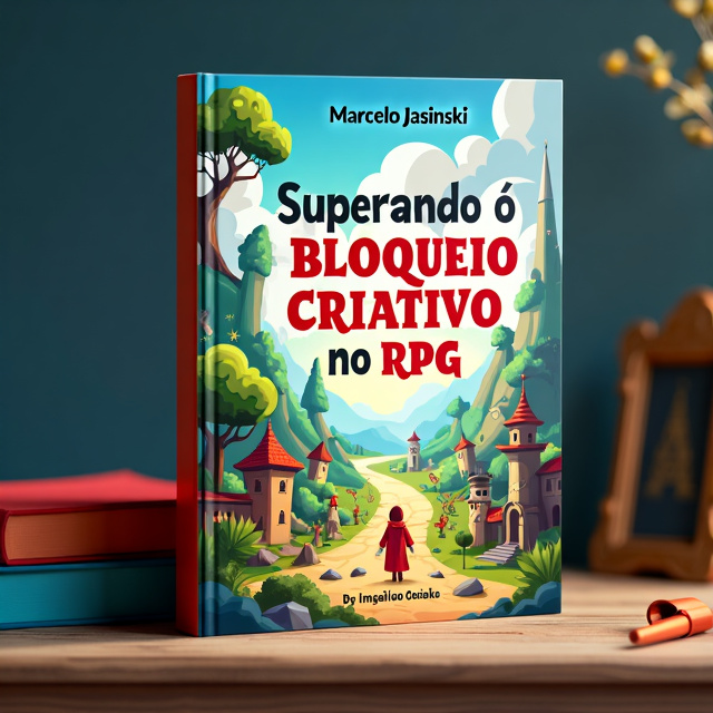 The cover features a vibrant and colorful RPG setting, with fantastical creatures, landscapes, and characters being created from imaginative thinking. The focus is on the process of overcoming creative block by unleashing the power of one's imagination.