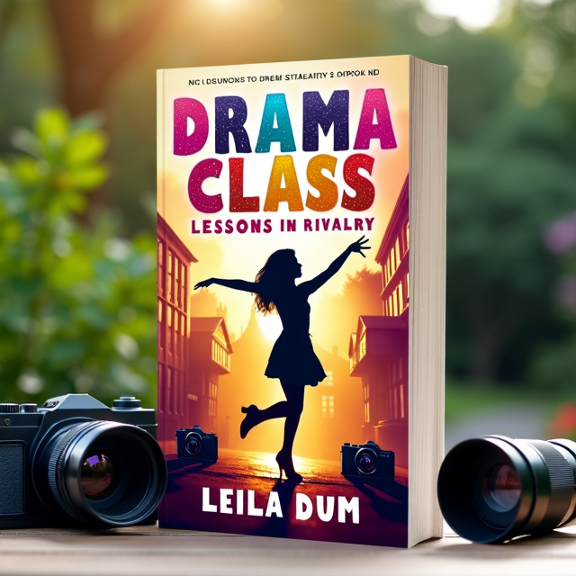 The cover features a vibrant and dynamic scene with a silhouette of a teenage girl in the center. She is shown mid-dance, with one leg extended and arms outstretched. The background is set in a British boarding school, with iconic architecture and lush greenery. Film cameras are scattered around the scene, representing the drama class theme.