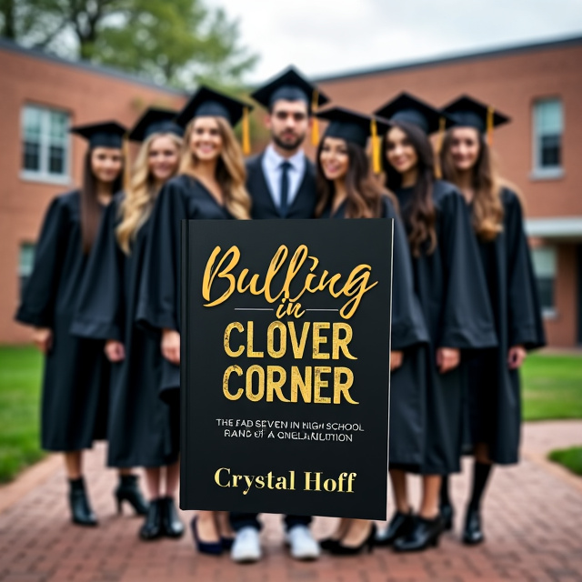 The Fab Seven, a group of diverse high school friends, are depicted standing in front of Clover Corner High School wearing their graduation robes and caps. The atmosphere is somber, reflecting the serious topic of bullying, but there is also a sense of hope and determination on their faces.