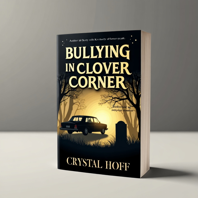 The cover features an illustration of Betsy and Dawn standing in front of a grave in a Kentucky cemetery. The background is a blend of black and gold colors, creating a somber yet elegant atmosphere. Betsy's old beat-up sedan with heated seats is parked nearby, symbolizing her journey and growth. The title "Bullying in Clover Corner" is displayed prominently at the top, with a reflection effect to convey the theme of self-reflection. The author's name, Crystal Hoff, is placed at the bottom in gold lettering.