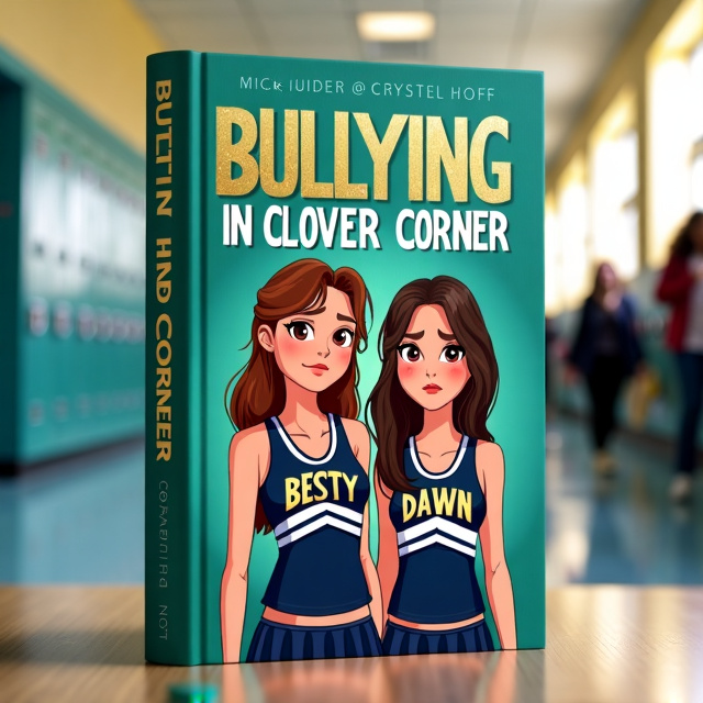An illustration of Betsy and Dawn in their cheerleading uniforms, standing side by side with sad expressions. The background is a high school hallway with lockers and students in the background. The title "Bullying in Clover Corner" is displayed prominently at the top in bold gold letters, while the author's name, Crystal Hoff, is placed at the bottom in a smaller font.