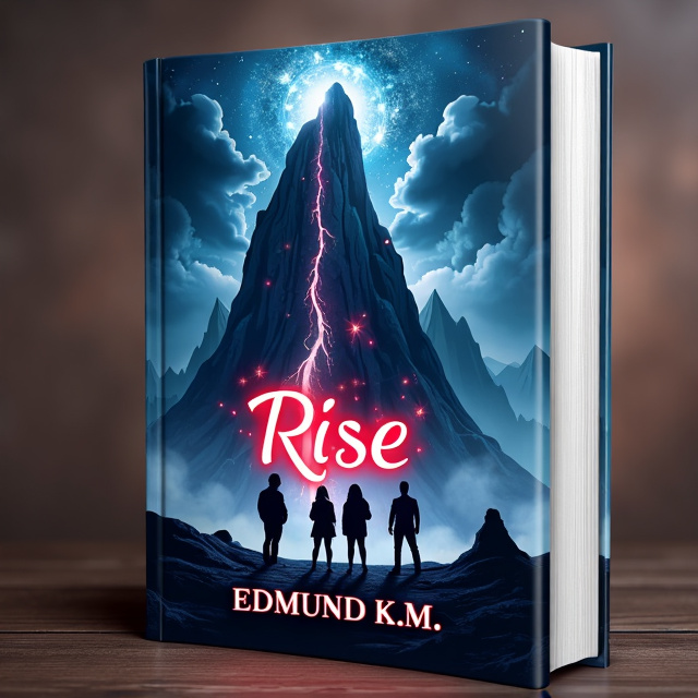 The cover features a mysterious and epic scene with a tall, thin mountain dominating the background. Four silhouetted individuals are shown in the foreground, looking up at the mountain in awe and anticipation. The mountain is illustrated with magical elements, such as swirling clouds and glowing symbols.