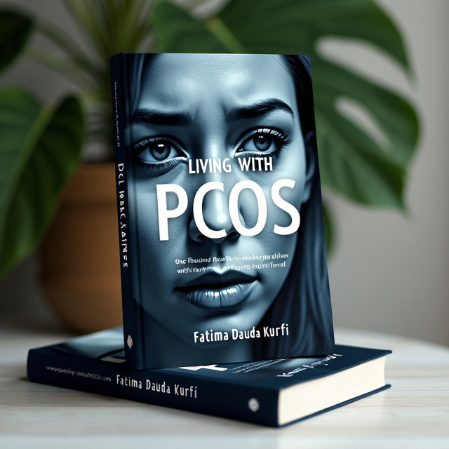 The cover features a close-up image of a woman with a pained expression on her face, symbolizing the emotional journey of living with PCOS. The image is in black and white, with a hint of blue to represent hope amidst the struggles.