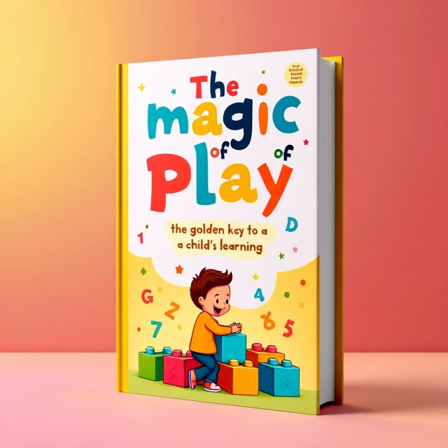 The cover features a whimsical illustration of a child playing with colorful building blocks, surrounded by floating numbers and letters. The background is a gradient of pink and yellow, creating a playful and vibrant atmosphere.