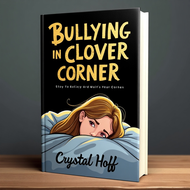 The cover features an illustration of Betsy, an 18-year-old girl, lying on her bed, hiding under the covers. The illustration shows her feeling sad and vulnerable, reflecting the theme of bullying in the story. The background is black to convey a sense of darkness and struggle. In contrast, Betsy is highlighted in gold to represent hope and resilience. The title, "Bullying in Clover Corner," is displayed prominently at the top of the cover in bold letters, while the author's name, Crystal Hoff, is placed at the bottom in a more elegant font.