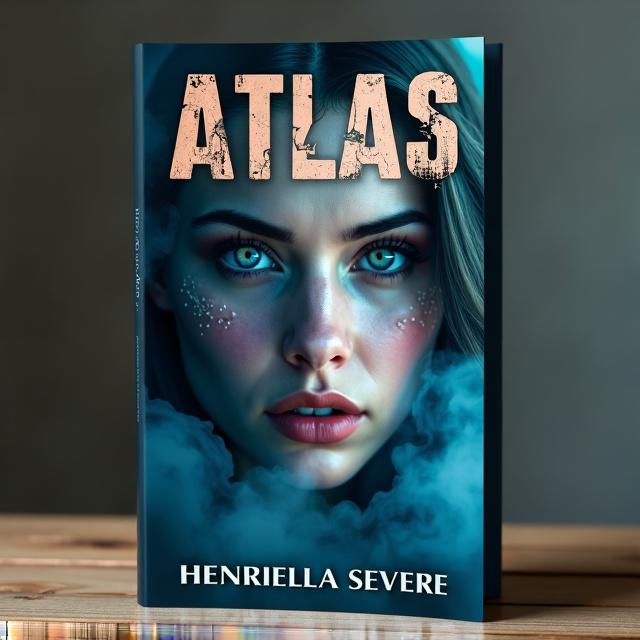 The cover features a close-up of a woman's face, her eyes filled with determination and a hint of darkness. The background is a deep blue, with faint shadows swirling around her, representing the haunting and mysterious atmosphere of the dystopian world. The title "Atlas" is prominently displayed in bold, distressed font at the top of the cover, while the author name "Henriella Severe" is placed in a smaller, elegant font at the bottom.