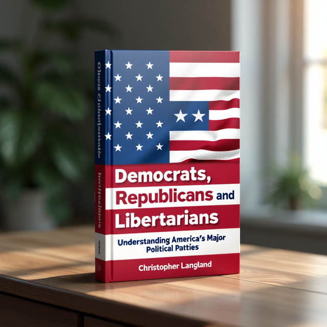 The cover features a split image of the American flag, with the left side showing the Democratic Party symbol, the right side showing the Republican Party symbol, and the center showing the Libertarian Party symbol. The colors of each party are prominently displayed, creating a visually striking contrast.