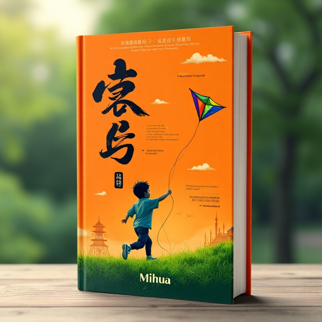 The cover features a vibrant orange background with a Japanese style layout. A little boy is depicted running on a green lawn, flying a colorful kite against a natural environment backdrop.