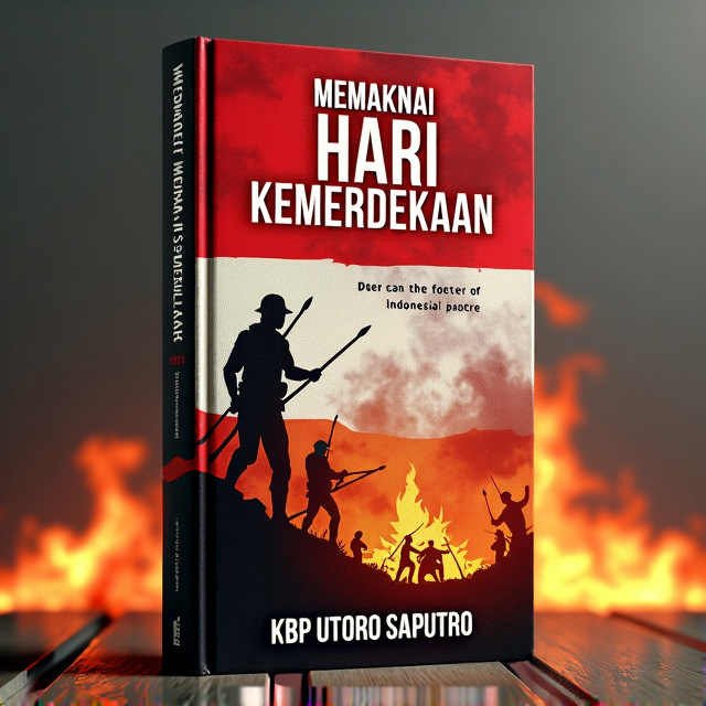 The background is a combination of red and white, representing the national flag of Indonesia. In the foreground, there is a depiction of a heroic figure from 1945, armed with bamboo spears, fighting against Dutch colonizers. The scene also includes a crumbling building, symbolizing the destruction caused by the fight for independence. To add intensity and drama, there are flames rising from the ground.