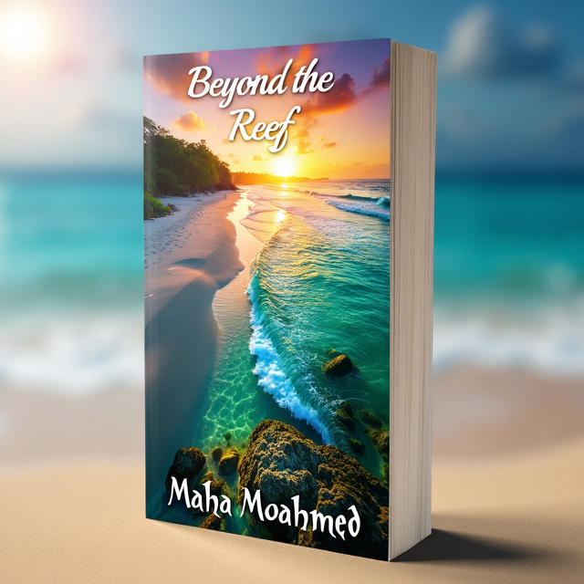 The cover features a breathtaking view of a tropical beach at sunset. The image shows a sandy beach stretching into the distance, crystal clear water with waves crashing onto the shore, and a colorful reef visible just beneath the water's surface. The sun is setting on the horizon, creating a warm, golden glow over the scene.