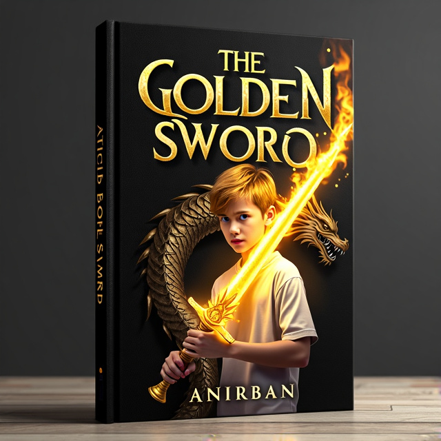 The cover features a boy with golden hair and a white shirt, holding a golden sword with golden flames emanating from it. The background is black, creating a mysterious and dramatic atmosphere. At the back, there is a dragon with golden flames, adding an element of danger and adventure.