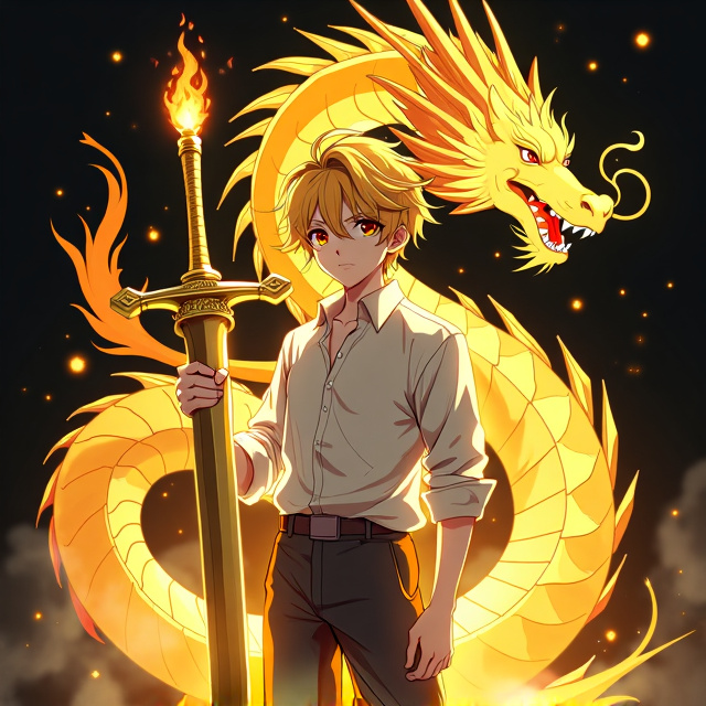 The cover features an anime boy with golden hair and a white shirt, holding a golden sword with golden flames coming out. Behind the boy is a majestic golden dragon, creating a sense of mystery and power. The background is black, adding to the overall mysterious atmosphere.