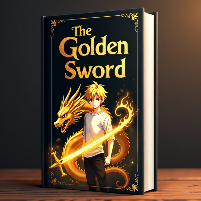 The cover features an anime boy with golden hair, wearing a white shirt and black pants. He is depicted holding a golden sword with golden flames emanating from it. Behind the boy, there is a majestic golden dragon. The background is black, enhancing the mysterious atmosphere of the cover.
