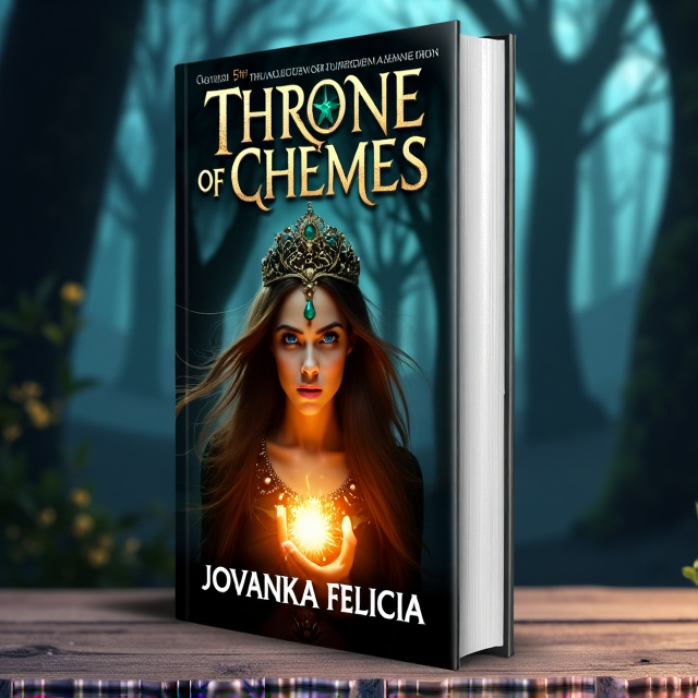 The cover features a close-up image of a princess warrior, with a determined and cunning expression on her face. She is surrounded by a halo of light, representing her magical powers. In the background, there is a dark and mystical forest, hinting at the magical realism genre. The title "Throne of Schemes" is placed prominently at the top of the cover, with a font that exudes regality and mystery. The author's name, Jovanka Felicia, is placed at the bottom in a slightly smaller font.