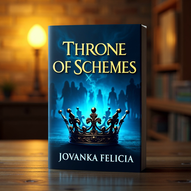 The cover features a dark blue background with a faint glow of yellow light emanating from the center. In the foreground, there is a crown made of intertwined branches, glowing with a soft blue light. Behind the crown, there are subtle silhouettes of figures engaged in a power struggle.