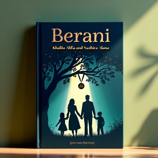 A dark blue background with a silhouette of a family holding hands standing next to a tree. There is a medal hanging from one of the branches, and a beam of light shines down on them.