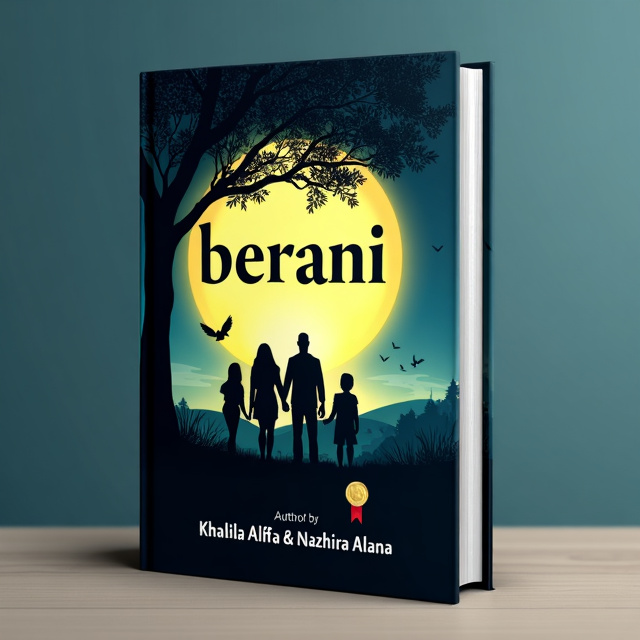 The cover features a dark blue background with a bright yellow glow emanating from the center. In the foreground, there is a silhouette of a broken family, with the moon shining behind them. The family is standing near a tree, and there is a medal on the ground representing their achievements. The land is shown in the background, symbolizing their journey.