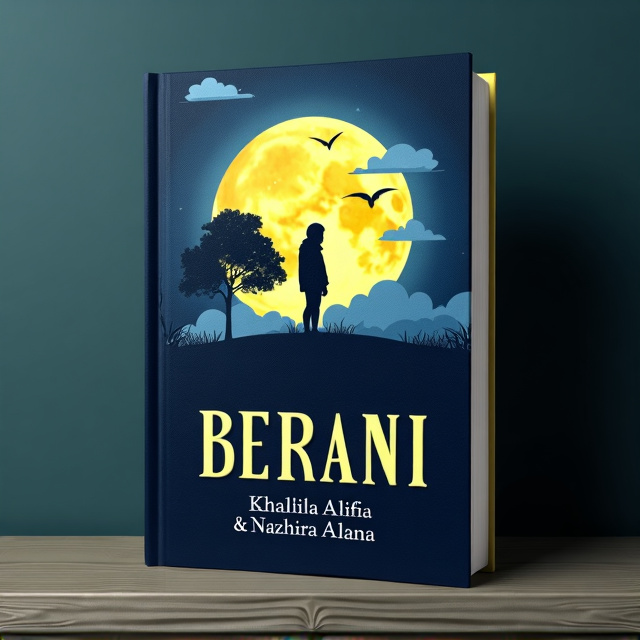 The cover features a dark blue background with a bright yellow moon at the top left corner. In the center, there is a silhouetted figure of a person standing on a land, with a tree beside them. Surrounding the figure are swirling clouds. At the bottom, the title "BERANI" is written in large, bold letters, resembling a journal entry. A small vignette effect is applied around the silhouette, creating a sense of depth and mystery.