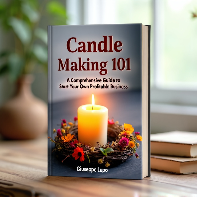 The cover features a close-up image of a lit candle, with warm, inviting light emanating from its flame. The candle is surrounded by a wreath made of various flowers and herbs, symbolizing the natural and wholesome aspect of candle making. The background is a soft, muted color gradient, adding to the calming and soothing atmosphere of the design.