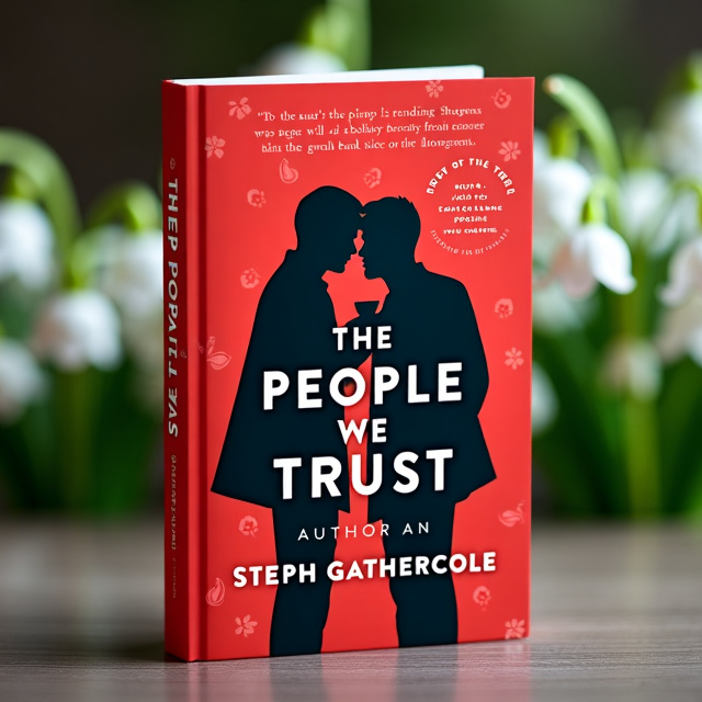 The cover features a red background with a subtle lily of the valley pattern. In the center, there is a silhouette of a man facing forward, holding a cup of tea. At his side, there is a profile silhouette of a second man whispering in his ear.