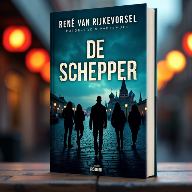 The cover design features a striking image of Middelburg, the Dutch town where the story is set, as the central focus. The town is depicted in dark and moody tones to convey the thriller and suspense genre. Overlaid on top of the image are six silhouettes representing the group of friends, giving a sense of mystery and intrigue. In the background, there is a subtle hint of Russian influence, with the faint outline of the Kremlin blending into the sky.