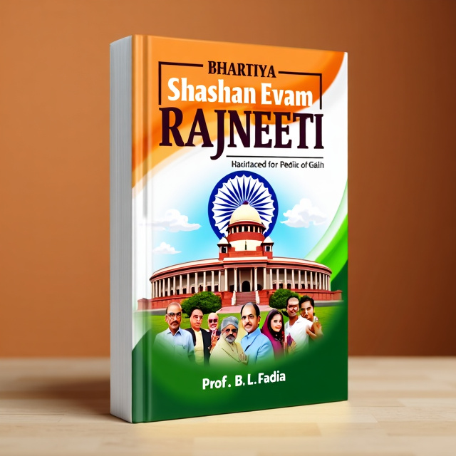 The book cover features a vibrant and dynamic illustration of the Indian Parliament building with a collage of Indian political leaders and symbols surrounding it. The illustration is set against a backdrop of the Indian flag.