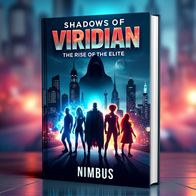 The cover features a futuristic cityscape of Viridian, with towering skyscrapers and glowing neon lights. In the foreground, five superheroes are depicted, each with their distinct powers - shadows, flames, electricity, gravity, and phasing. The ancient shadowy villain looms ominously over the city, symbolizing the impending danger. The composition is dynamic and action-packed, with a sense of grandeur and tension.