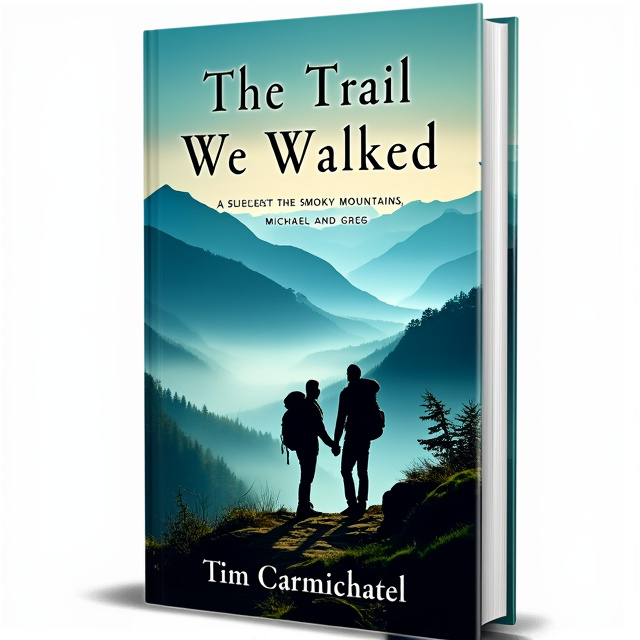 The cover features a sweeping view of the Smoky Mountains, with mist delicately curling around the peaks. In the foreground, two hikers, Michael and Greg, are depicted in a moment of connection, holding hands as they stand on a trail. Their silhouettes are subtly outlined against the vibrant backdrop.