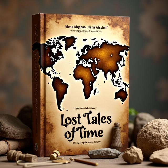 The cover features a vintage map of the world with faded edges, giving it a rustic and mysterious feel. The map is surrounded by ancient artifacts and archaeological tools, symbolizing the unraveling of history's mysteries. The titles and author names are placed at the top and bottom of the cover, respectively, in an elegant script font, adding to the overall mystique of the design.