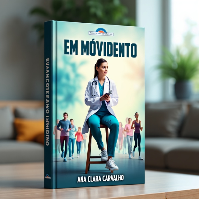 The cover features a female doctor sitting on a stool, symbolizing the theme of movement and action. In the background, there are images of people running and a human body, representing the human experience and the importance of staying active. The overall visual style is dynamic and energetic.