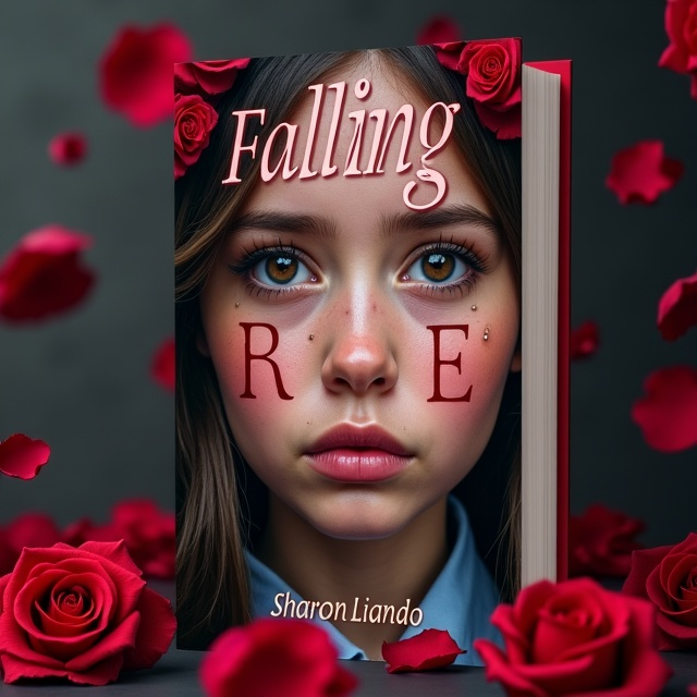 A close-up of a sad 17-year-old girl's face, with tears streaming down her cheeks. The girl is wearing a high school uniform and there are falling roses surrounding her.
