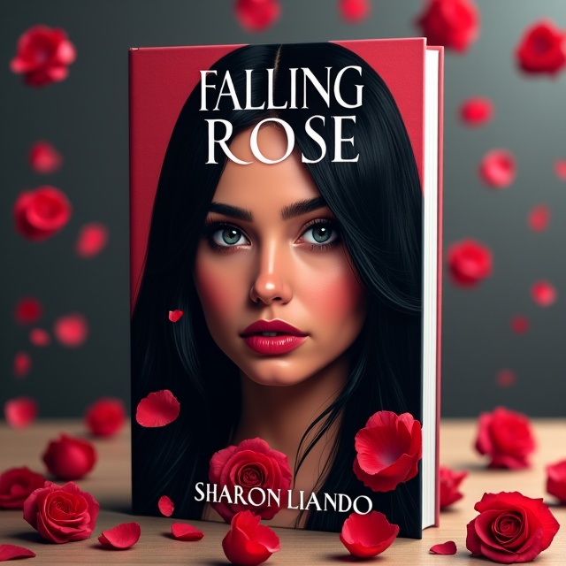 The cover features the main character with her face, showcasing her long dark black hair and tan skin. Her expression is sad, conveying the emotion of the story. Falling red roses are scattered around her, representing the title and adding a touch of romance.