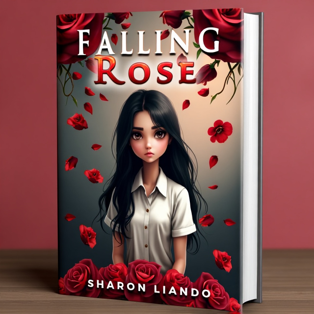 The cover features a beautiful girl with dark brown eyes, long dark hair, and tan skin, wearing a high school uniform. She is standing against a backdrop of falling red roses, symbolizing the theme of the book. The girl's expression is sad, capturing the emotions of the story.