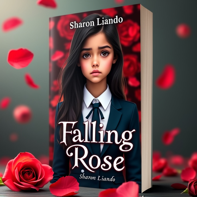 The cover features a beautiful girl in a high school uniform, with dark brown eyes, long dark hair, and tan skin. She is standing against a backdrop of falling red roses, which symbolize the emotions of the book. The girl's expression is sad, representing the emotional journey of the story.