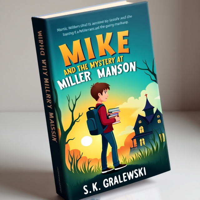 A lanky middle school boy with brown hair stands at the forefront of the cover. He is wearing a backpack and holding books under his arm. In the background, there is a mansion with a sunset sky. The colors used are blue, green, and orange.