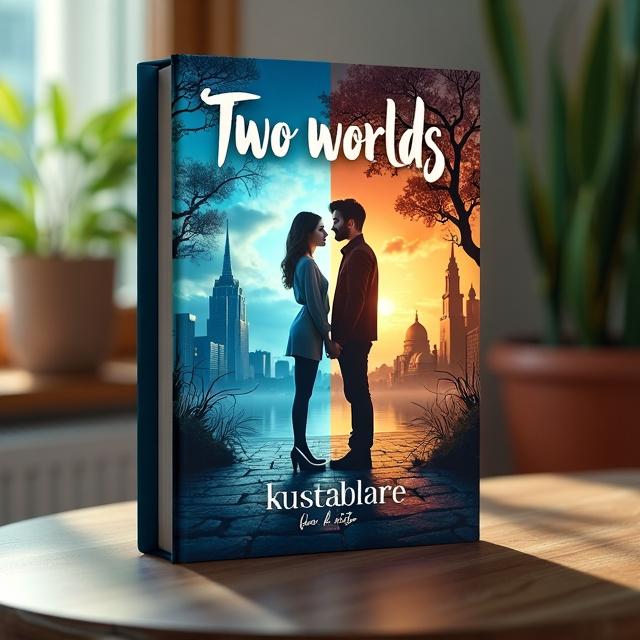 The cover features a split-screen effect, with the left side showing a woman standing in a modern cityscape and the right side showing a man standing in a fantastical world. The two worlds are visually distinct, with contrasting color palettes and scenery. The woman is looking towards the man, while the man is looking towards the book.